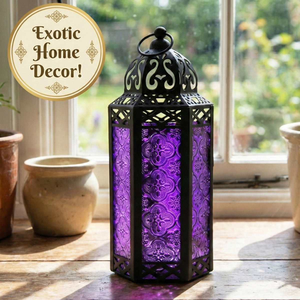 Moroccan Candle Lantern Holder Medium 10.5 Inch – Handcrafted Glass Iron Metal Lantern with Embossed Floral Panels, 17 Colors, Indoor Outdoor Use for Ramadan, Wedding, Patio, Diwali & Home Decor