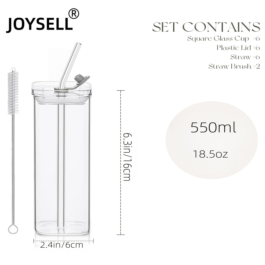 Square Glass Cups with Lids and Straws Set of 6 | Portable Iced Coffee Cups for Office Party Home School Outdoor