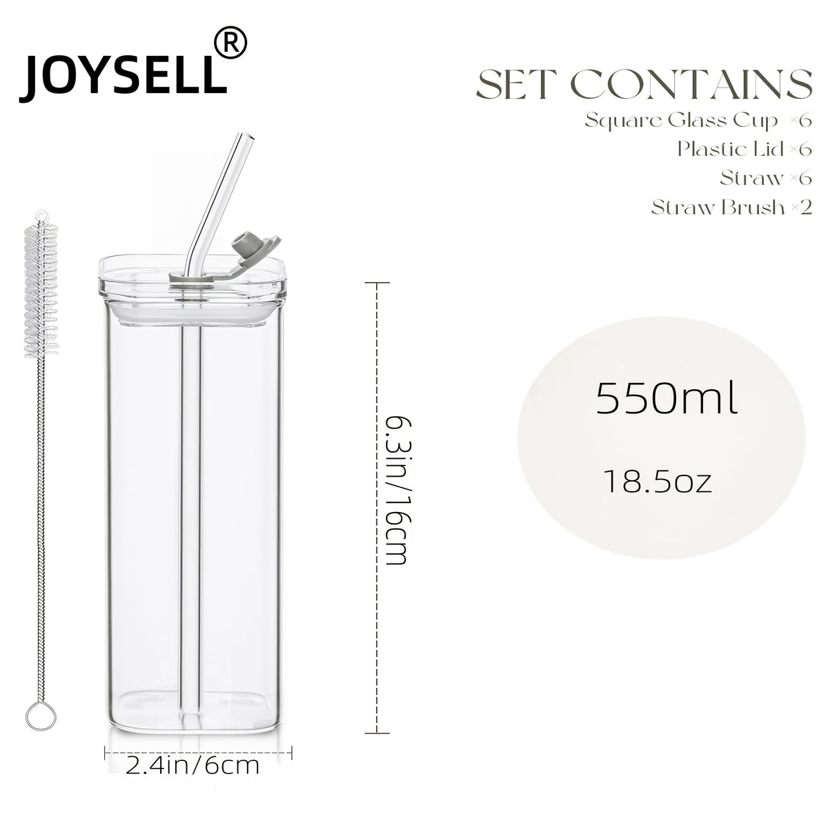 Square Glass Cups with Lids and Straws Set of 6 | Portable Iced Coffee Cups for Office Party Home School Outdoor