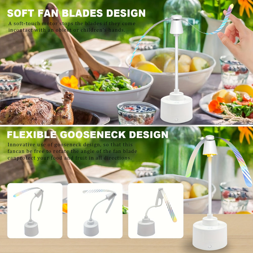Food Guard Fly Repellent Fan 2-Pack Tabletop Holographic Blade Fly Fan with Ambient Light Battery Powered Foldable Portable for Picnic BBQ Party Camping Outdoor Indoor