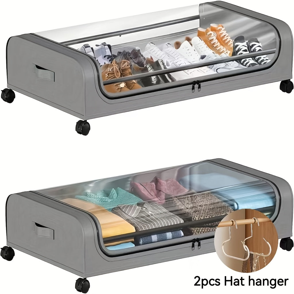 Rolling Under Bed Storage with Wheels - Metal Drawer Organizer for Clothes, Blankets, Shoes & Bedding, 1pc or 2pcs, Gray & Black, Wheeled Storage Box