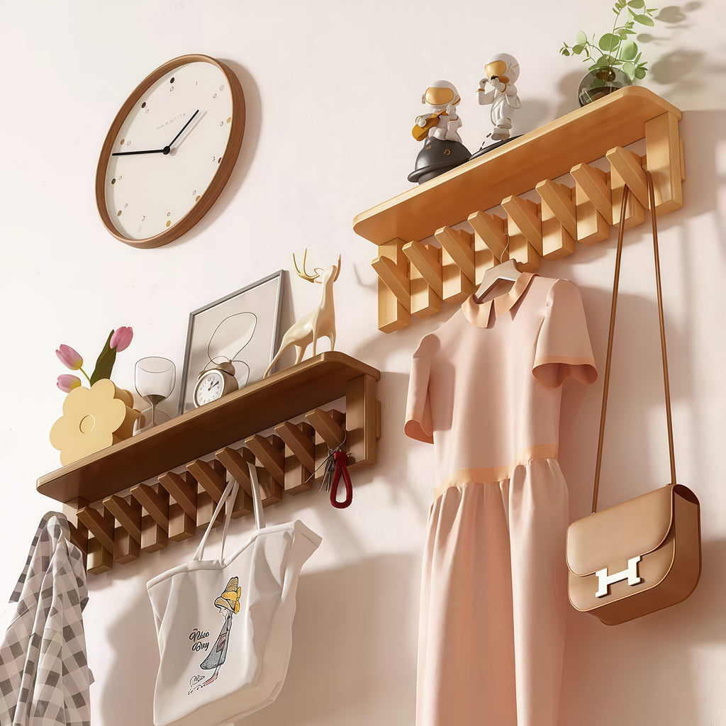 Wall-Mounted Coat Rack Natural Wood – Accordion Hook Rack for Entryway, 4/6/8/10 Hooks, Walnut & Beech Finish, Space-Saving Coat Hanger for Bedroom, Bathroom, Hallway