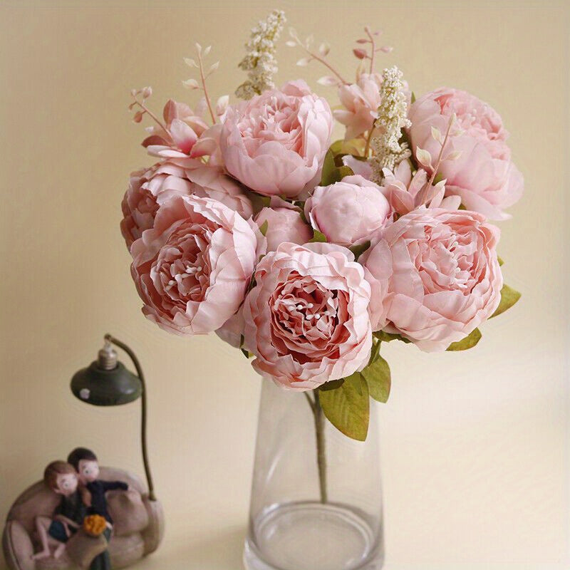 Artificial Peony Bouquet 13 Heads UV-Resistant Realistic Silk Flowers with Green Foliage Sturdy Stems Pink Red White Blue Purple Yellow Lavender Peach for Wedding Home Garden Office Indoor Floral Decor