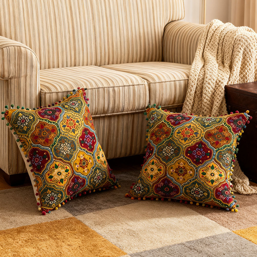 2-Pack Turkish Moroccan Throw Pillows with Inserts Reversible Floral Boho Decorative Pillow 18x18 Inch Polyester Square Cushion Zip Cover for Sofa Couch Bedroom Living Room 7 Colors