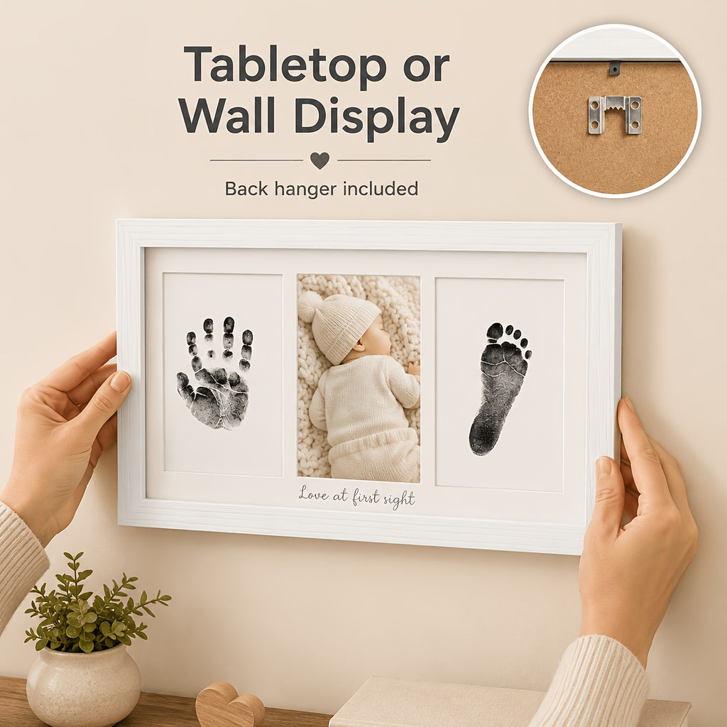 Triptych Photo Frame 8x16 Inch – Horizontal 3-Panel Picture Frame with Text & Footprint/Handprint Panel, Desktop or Wall Display, Black & White Wood Grain, Heartfelt Gift for Moms