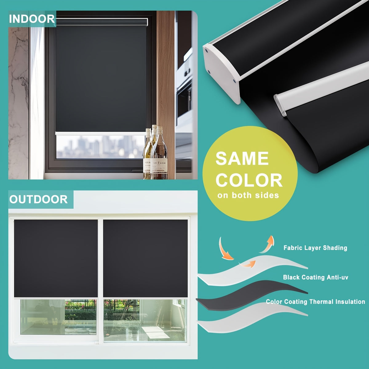 Blackout Cordless Roller Shades – Free-Stop Blinds with Valance Thermal Insulated UV Protection | 4 Colors, 26 Sizes