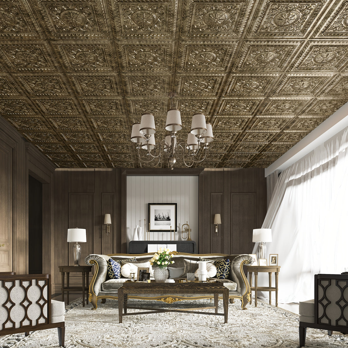 PVC Decorative Ceiling Tiles 24x24 Inch 12-Pack – Vintage Gold Luxury Floral Design, Easy DIY Drop Ceiling or Glue-Up Install, Waterproof & Lightweight, Covers 48 Sq Ft