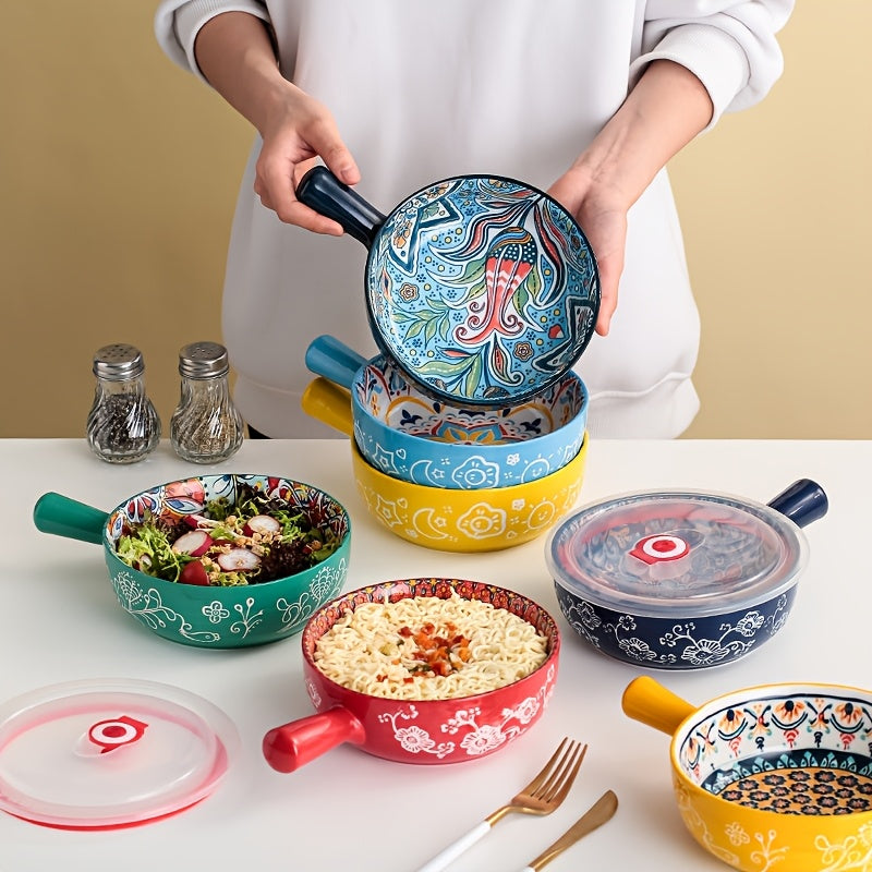 Bohemian Noodle Bowl Set with Lids Microwave Dishwasher & Oven Safe – Ceramic Soup Salad Fruit Meal Prep Bowls for Home, Office & Travel – 4 or 8 Piece