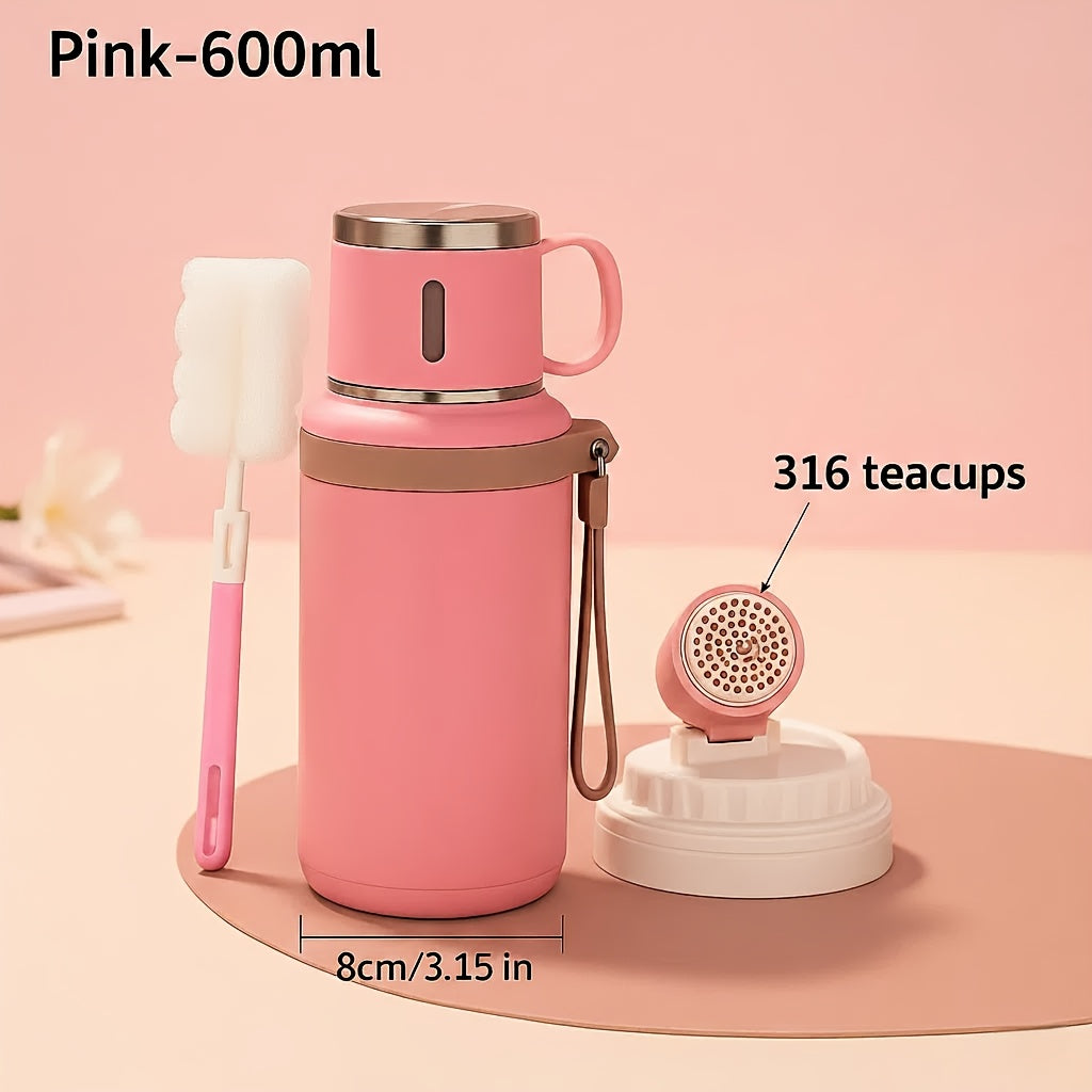 Insulated Water Bottle 600ml Stainless Steel Double Wall Vacuum Leak-Proof with Handle & Cleaning Brush for Outdoor Travel Office Gym