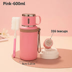 Insulated Water Bottle 600ml Stainless Steel Double Wall Vacuum Leak-Proof with Handle & Cleaning Brush for Outdoor Travel Office Gym