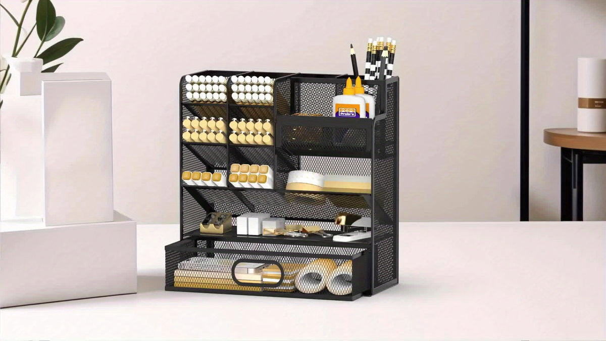 Mesh Desk Organizer with Drawer & Pen Holder – Multifunctional Desktop Organizer for Office Art Supplies, Accessories Storage, Desk Caddy for Home Office School Workspace