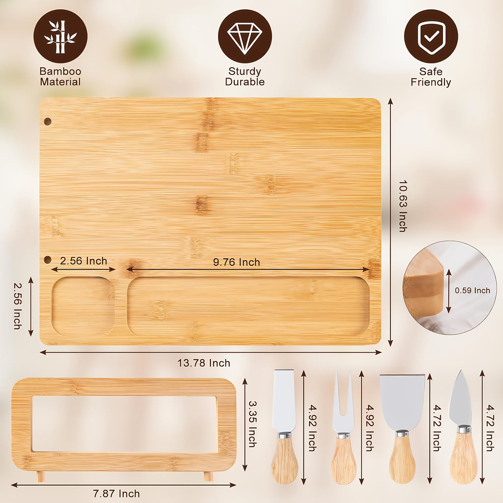 Wood Cheese Board Set with 4 Stainless Steel Knives 14x11 Inch Charcuterie Platter Appetizer Board for Party Wedding Gift Set of 1 or 2