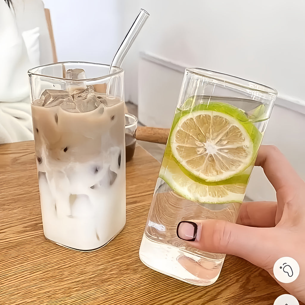 Square Glass Cups with Lids and Straws Set of 6 | Portable Iced Coffee Cups for Office Party Home School Outdoor