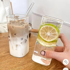 Square Glass Cups with Lids and Straws Set of 6 | Portable Iced Coffee Cups for Office Party Home School Outdoor