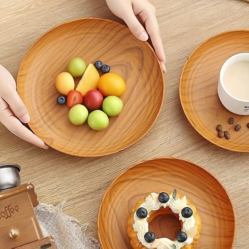 10-Piece Wood Grain Plastic Dinner Plates Round Striped Pattern Luxury Feel for Home Restaurant Dessert Shop Snack Fruit Tea Tray
