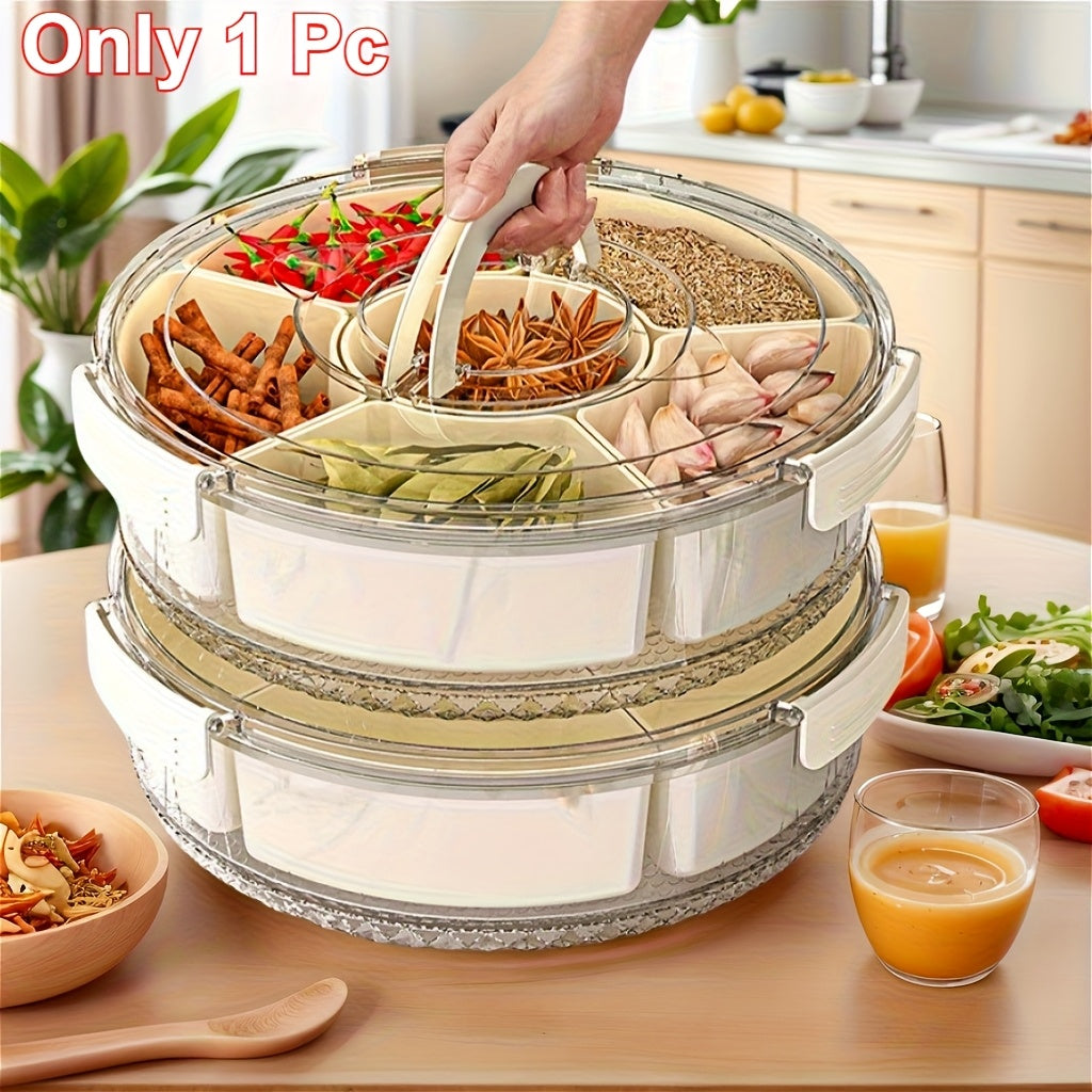 6 Grid Rotating Serving Tray with Lid and Handle 360 Rotatable Snack Organizer Box Portable for Camping Party Picnic RV Fridge Travel