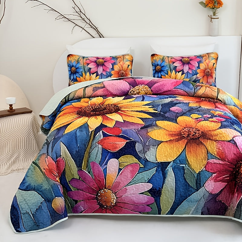 Floral Quilt Set 2 or 3 Piece – Colorful Flowers & Plants Quilted Bedspread with Pillowcases, Soft Breathable Hypoallergenic Machine Washable Bed Cover Twin Queen King