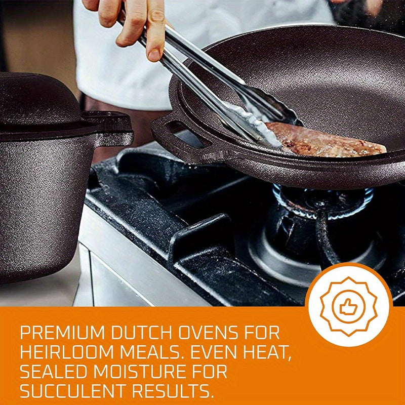 Cast Iron Dutch Oven Set 2-in-1 – 6.1QT Deep Pot & 1.9QT Frying Pan Lid, 6-Piece with Silicone Handles, Scraper & Iron Frame | Pre-Season Ready, Oven, Stove, BBQ & Induction Safe