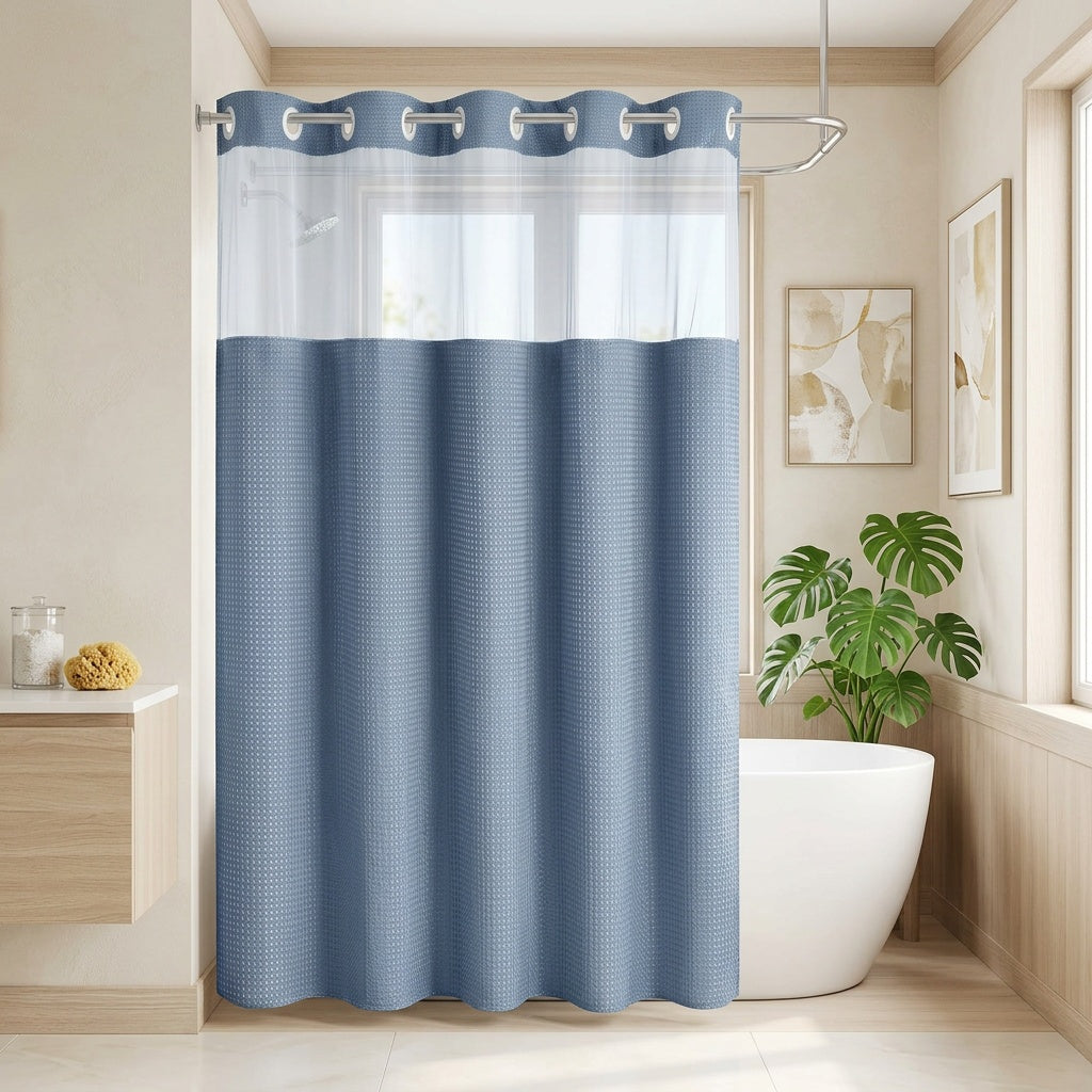 Hookless Waffle Shower Curtain Liner Set with Snap-In Liner Double Layer Window Panel – 6ft x 74.8 Inch Easy-Clean Polyester Bathroom Curtain for Home & Hotel