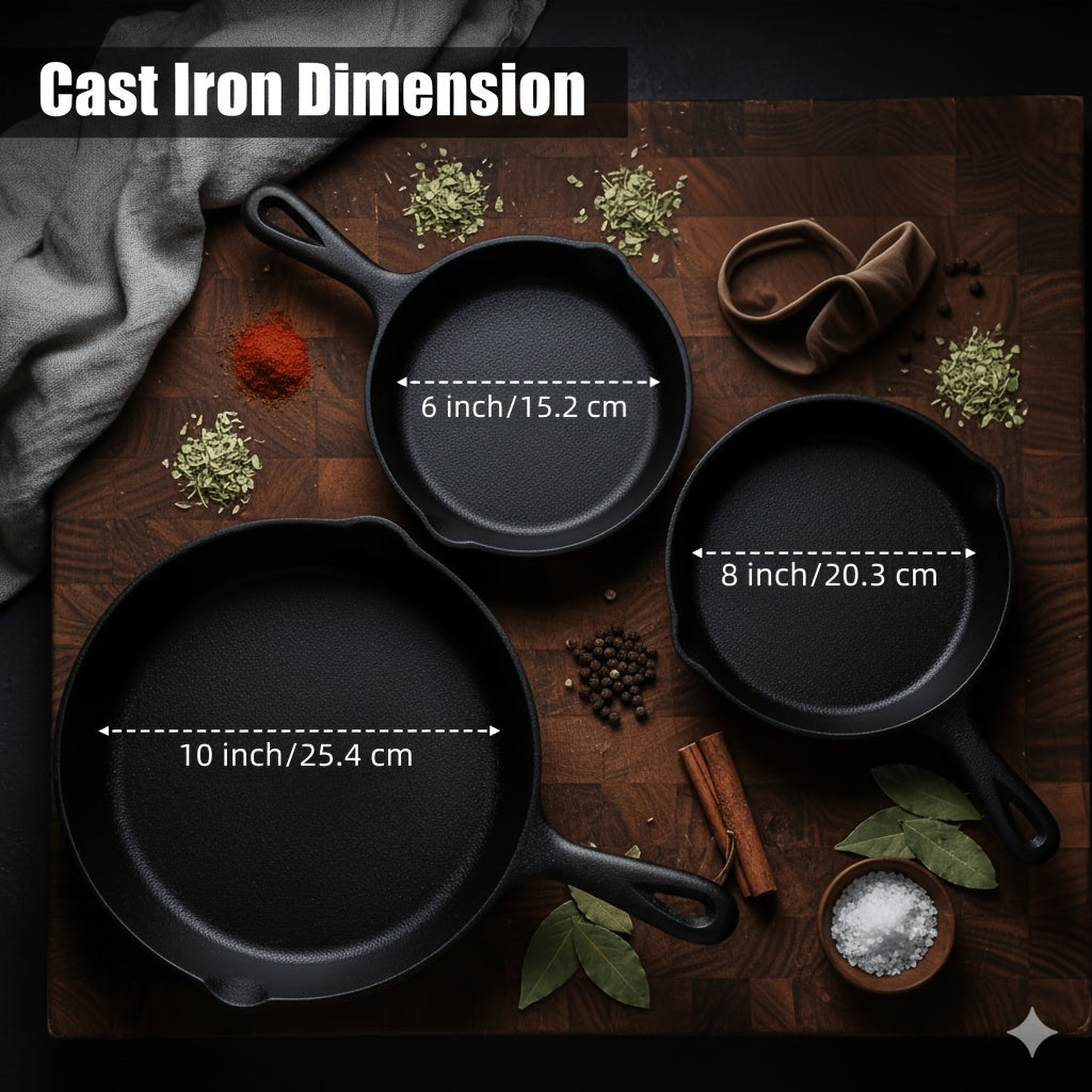 Pre-Seasoned Cast Iron Skillet Set 6” 8” 10” Heavy-Duty Pan for Frying Sauté Cooking & Pizza – Professional Restaurant Quality Cookware