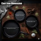 Pre-Seasoned Cast Iron Skillet Set 6” 8” 10” Heavy-Duty Pan for Frying Sauté Cooking & Pizza – Professional Restaurant Quality Cookware