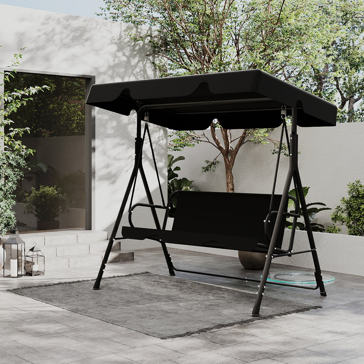 Outdoor Porch Glider Swing with Canopy Rust Proof Heavy Duty Steel Frame Adjustable Canopy Patio Furniture Garden Lawn Backyard Black Beige Brown Red Green