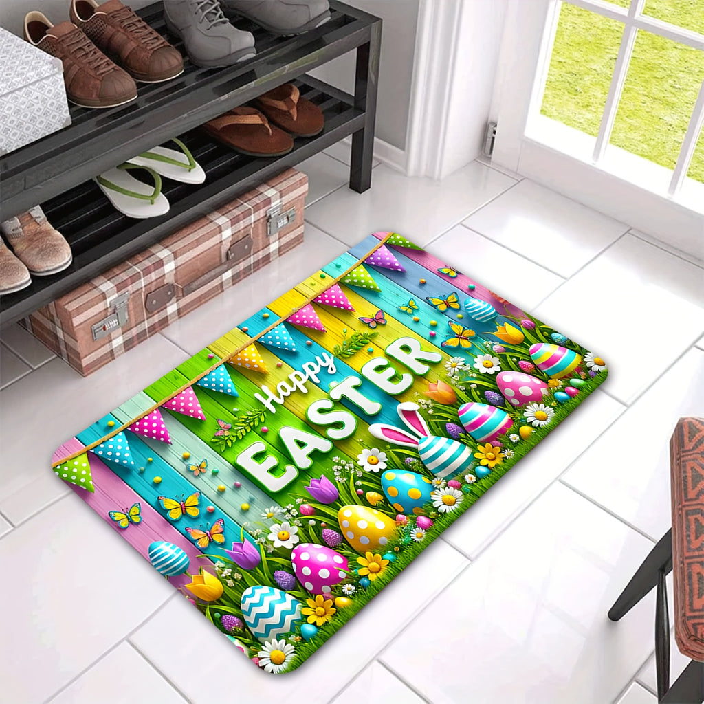 Easter Doormat Flannel Happy Easter Egg Spring Welcome Mat Non-Slip Soft Indoor Outdoor Kitchen Entryway 5 Sizes Including Runner Set