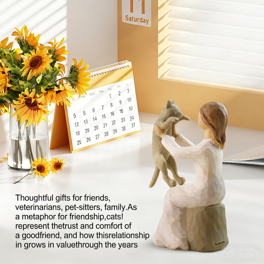 Hand-Painted Girl & Cat Resin Statue – Collectible Kitten Companion Figurine | Thoughtful Memorial Gift for Cat Lovers, Mom & Cat Ladies | Decorative Sculpture for Home, Shelf & Desktop