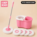Spin Mop and Bucket Set with 4 Microfiber Heads - Compact Self-Wringing Hands-Free Floor Mop for Apartments Dorms & Small Spaces Fits Under Sink