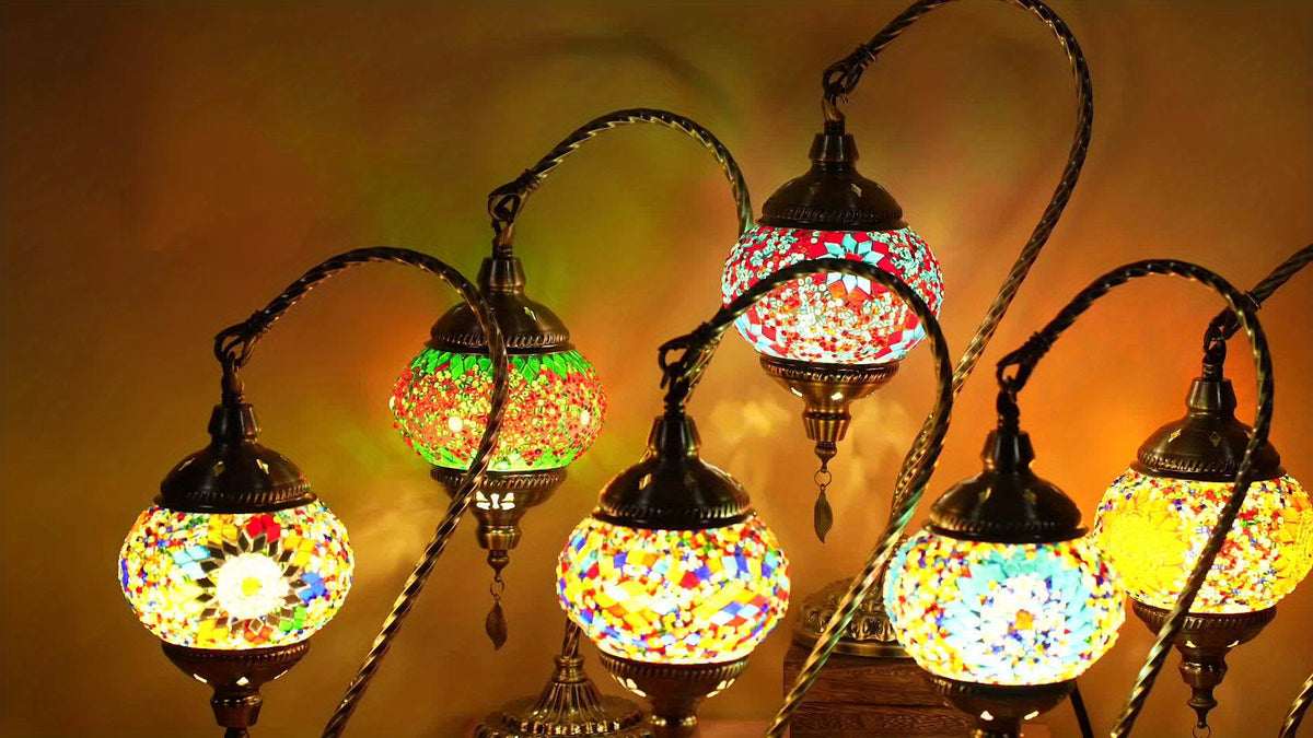 Turkish Mosaic Table Lamp Moroccan Style Handmade Swan Neck Mosaic Glass Bedside Lamp with Metal Base - 3 Color Modes Dimmable LED Bulb Included - Bedroom Living Room Decor Gift