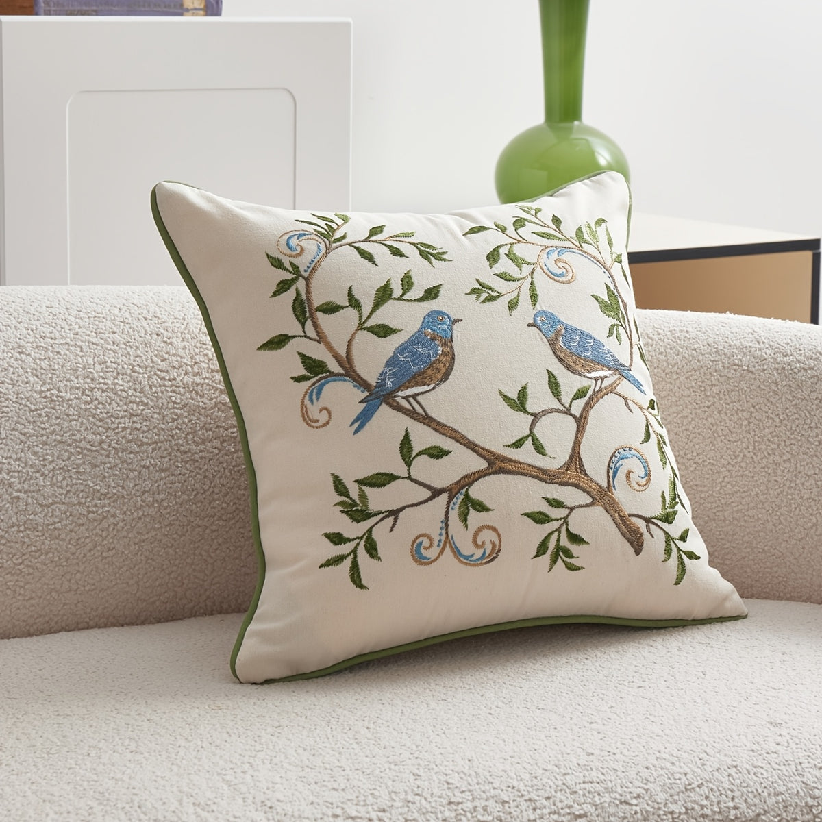 3D Embroidered Floral Bird Pillowcase – Colorful Spring Summer Decorative Cushion Cover for Sofa, Bedroom & Living Room, 2 Size Options, 1pc