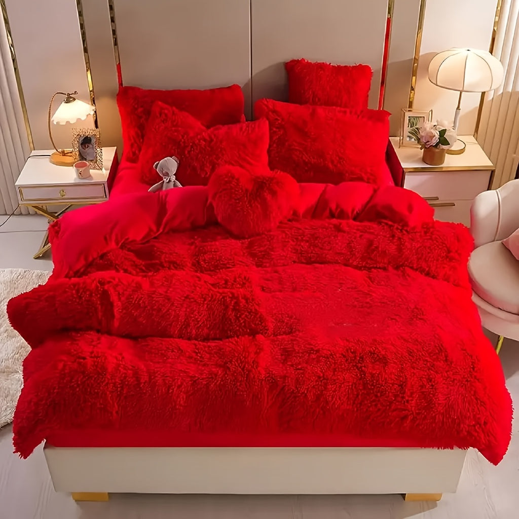 Plush Faux Fur Duvet Cover Set for Kids & Teens, 3/4 Pcs with Pillowcases & Heart Pillow, Super Soft Warm Faux Fur Comforter Cover, Machine Washable Lodge Style Bedding, Twin Queen King