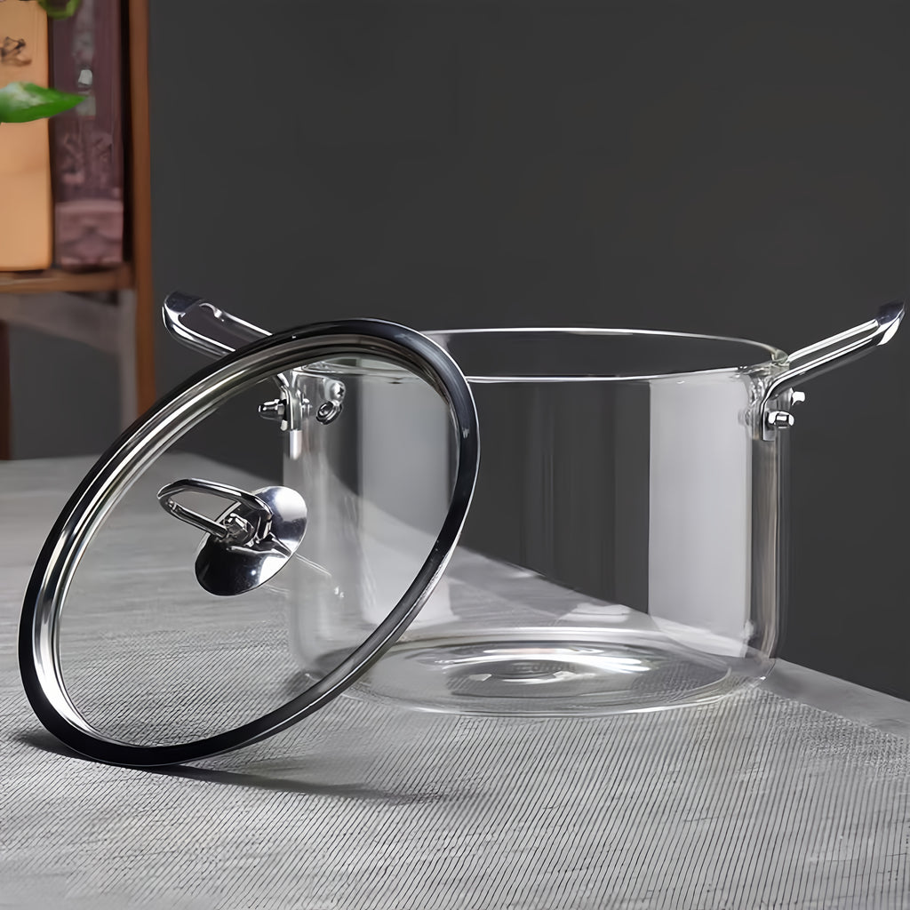 Stainless Steel Handle Glass Pot with Lid – Non-Stick Heat-Resistant Soup Stew Pot, Induction & Electric Ceramic Stove Compatible, 3.5L or 5.5L, Includes Insulation Pad & Scouring Pad