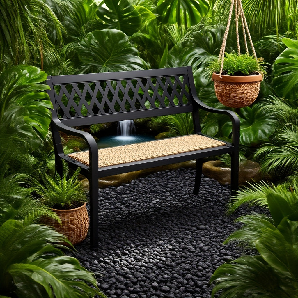 Outdoor Metal Garden Bench 47in with Backrest Armrests 500LBS Capacity Park Bench for Courtyard Garden Yard Front Porch Black