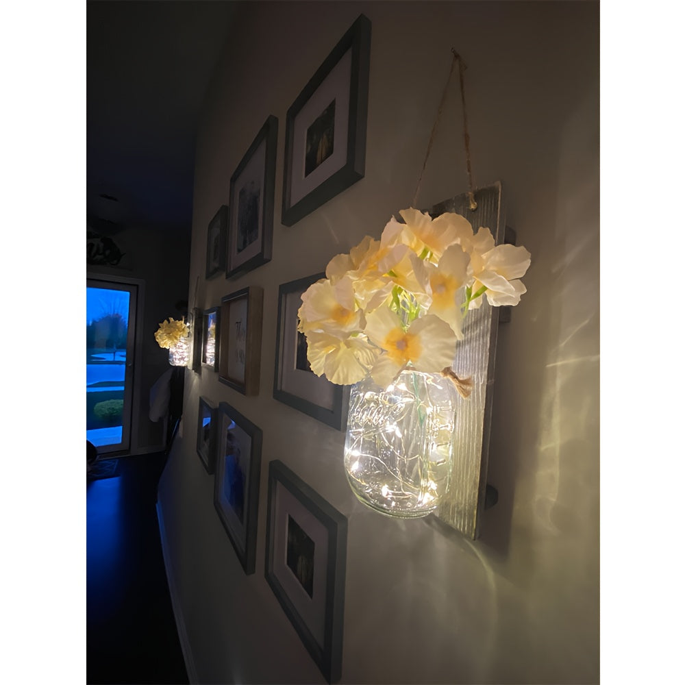Mason Jar Wall Decor Set of 2 – Rustic Farmhouse Wall Sconces with Ivory Hydrangea Flowers & Light Fixture | Handmade Home Decor