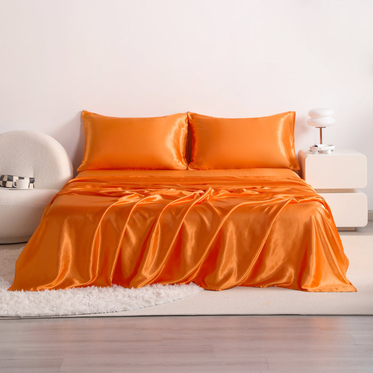 Cooling Satin Bed Sheet Set 4-Piece – Hypoallergenic Breathable Deep Pocket Flat & Fitted Sheet with Pillowcases, 300 GSM, 15 Colors, Twin to Cal King