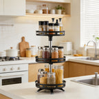 3-Tier Rotating Spice Rack – Metal Turntable Countertop Spice Jar Organizer for Kitchen, Seasoning Storage Rack, Sleek Black Finish
