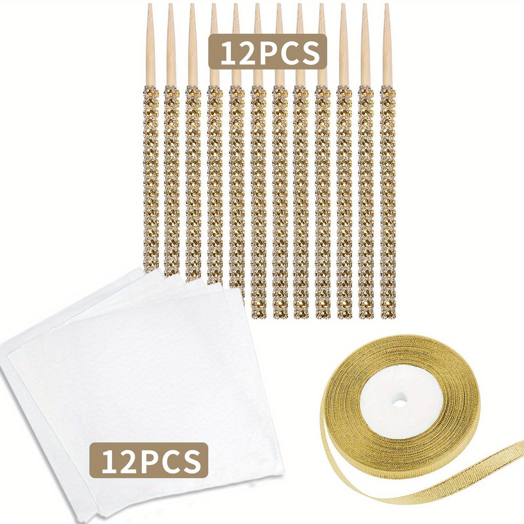 Candy Apple Sticks Bling Caramel Apple Wooden Skewers with Gift Bags & Glitter Ribbons - 25 or 49 Pack Decorative Cake Pop Sticks for Party Supplies, Halloween, Holidays, Silvery & Golden