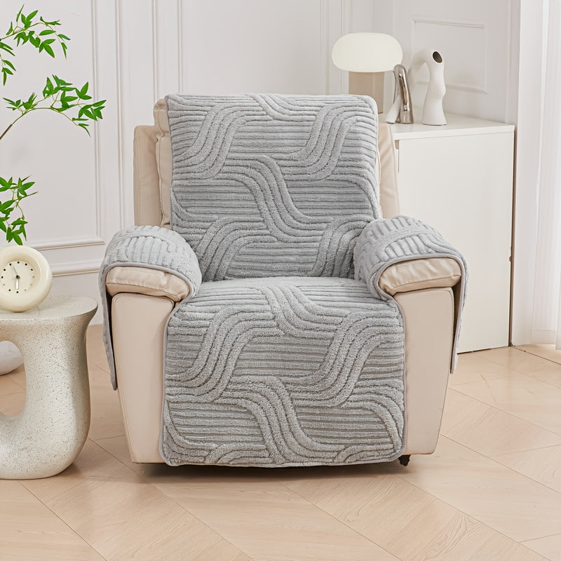 Bohemian Single Sofa Cover Non-Slip Short Plush Recliner Chair Protector Pet-Friendly Machine Washable Wavy Pattern Single-Seat Couch & Chair Slipcover