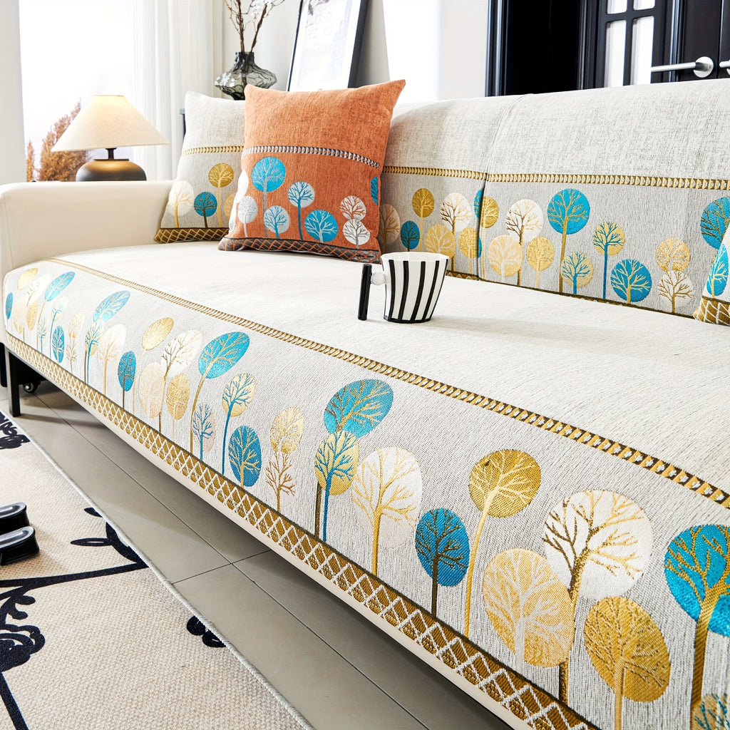 Bohemian Chenille Sofa Cover Tree Embroidery Print Thick Non-Slip Pet Friendly One-Piece Couch Protector Armchair Loveseat 3 4 Seater