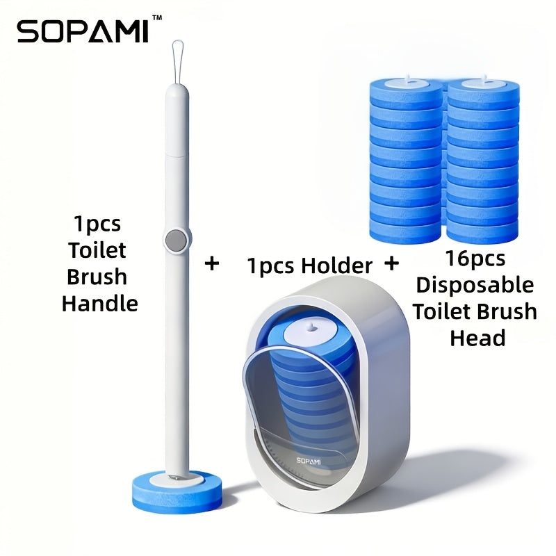 SOPAMI Disposable Toilet Brush with 32 Refill Heads – 360° Rotating Wall-Mounted Hygienic Cleaning Tool for Toilet, Tub, Sink & Tiles