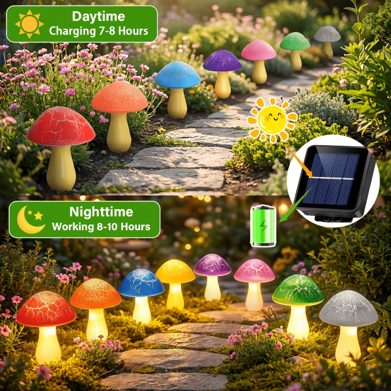 Solar Garden Mushroom Light with 8 Colorful Cracked Mushrooms & 8 LEDs – IP65 Waterproof Outdoor Landscape Lighting for Yard, Lawn, Patio & Terrace, Solar Powered Decorative Garden Light