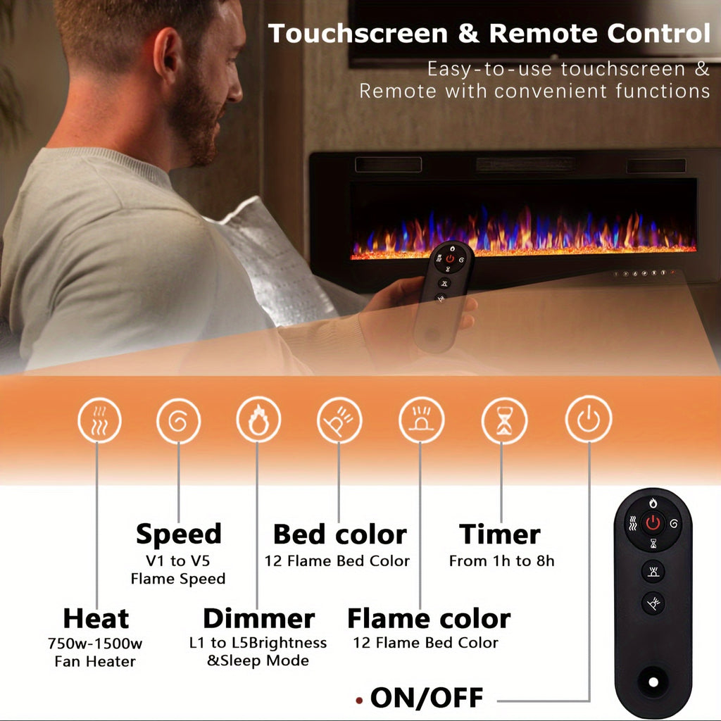 Vitesse Ultra-Thin Electric Fireplace In-Wall Recessed & Wall Mounted Linear Heater Multicolor Flame Timer 750W/1500W Touch Screen Remote Control