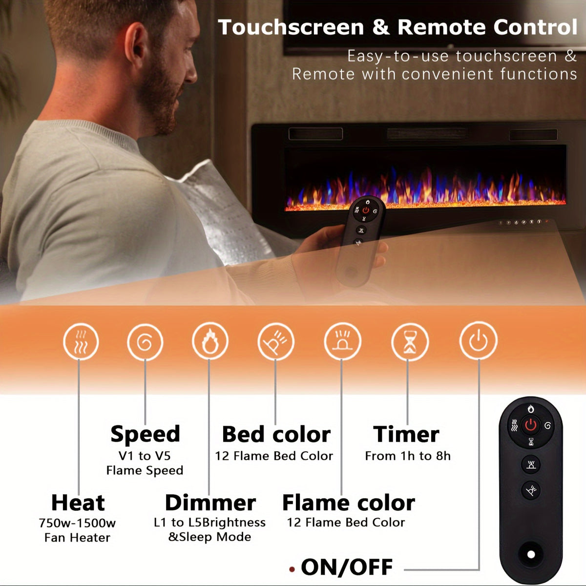 Vitesse Ultra-Thin Electric Fireplace In-Wall Recessed & Wall Mounted Linear Heater Multicolor Flame Timer 750W/1500W Touch Screen Remote Control