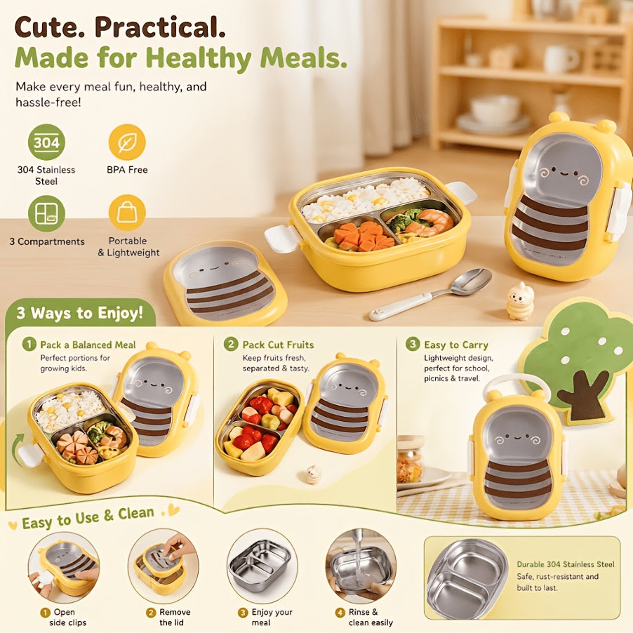 Bee Stainless Steel Bento Box 2 Compartment Lunch Box Microwave Safe Lightweight Portable for Kids Adults Picnic Commute Back to School Gift