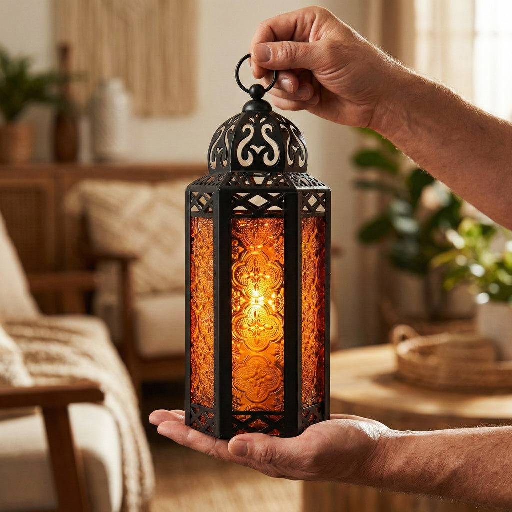 Moroccan Candle Lantern Holder Medium 10.5 Inch – Handcrafted Glass Iron Metal Lantern with Embossed Floral Panels, 17 Colors, Indoor Outdoor Use for Ramadan, Wedding, Patio, Diwali & Home Decor