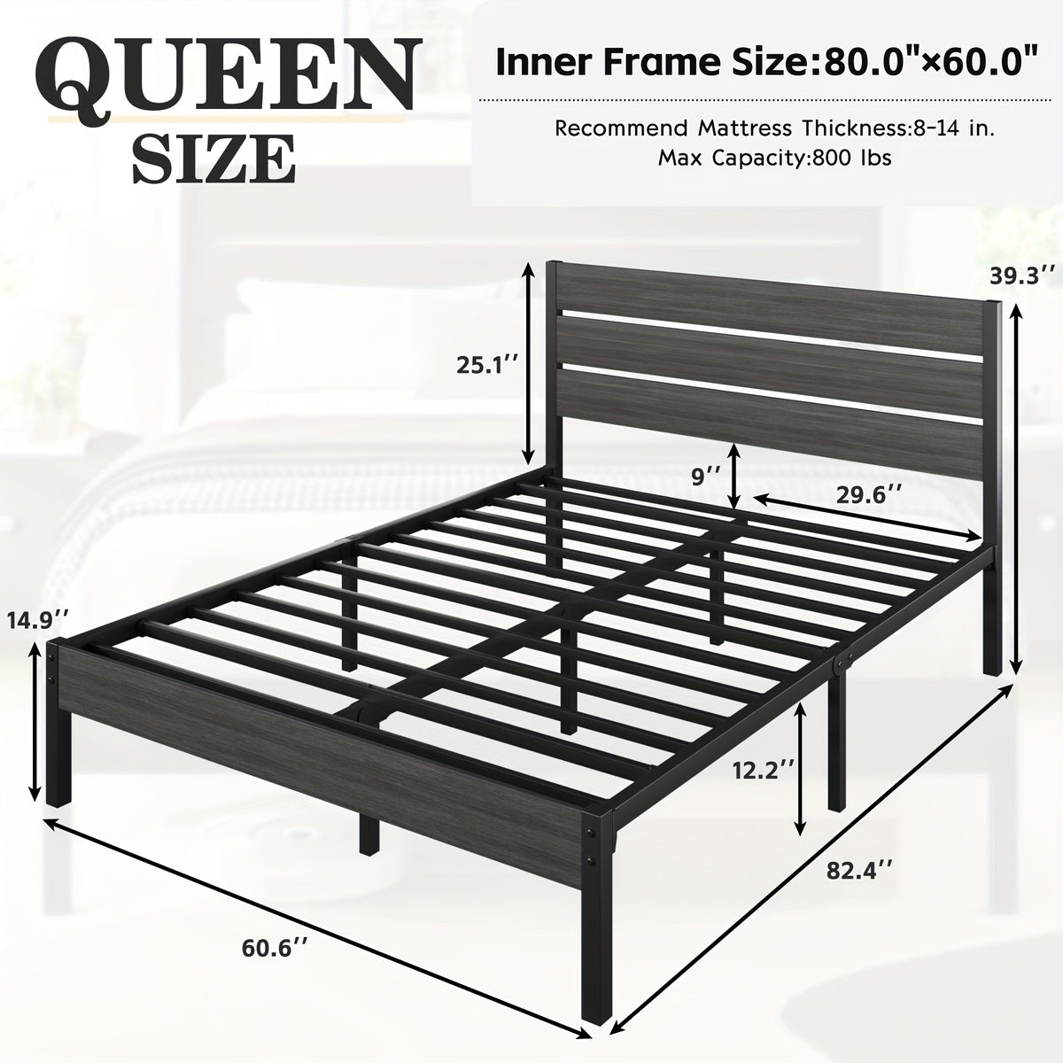 Metal Platform Bed Frame with Headboard & Footboard | 12.2" Under-Bed Storage, 800 lbs Capacity, Noise-Free, No Box Spring Needed – Queen & Full, Rustic Grey