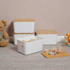 Storage Bins with Lids Wood Top, Plastic Stackable Storage Containers with Handle & Labels, Organizer Boxes for Home, Office, Bookshelf, Playroom & Medicine Cabinet, White, Set of 1/2/4/8