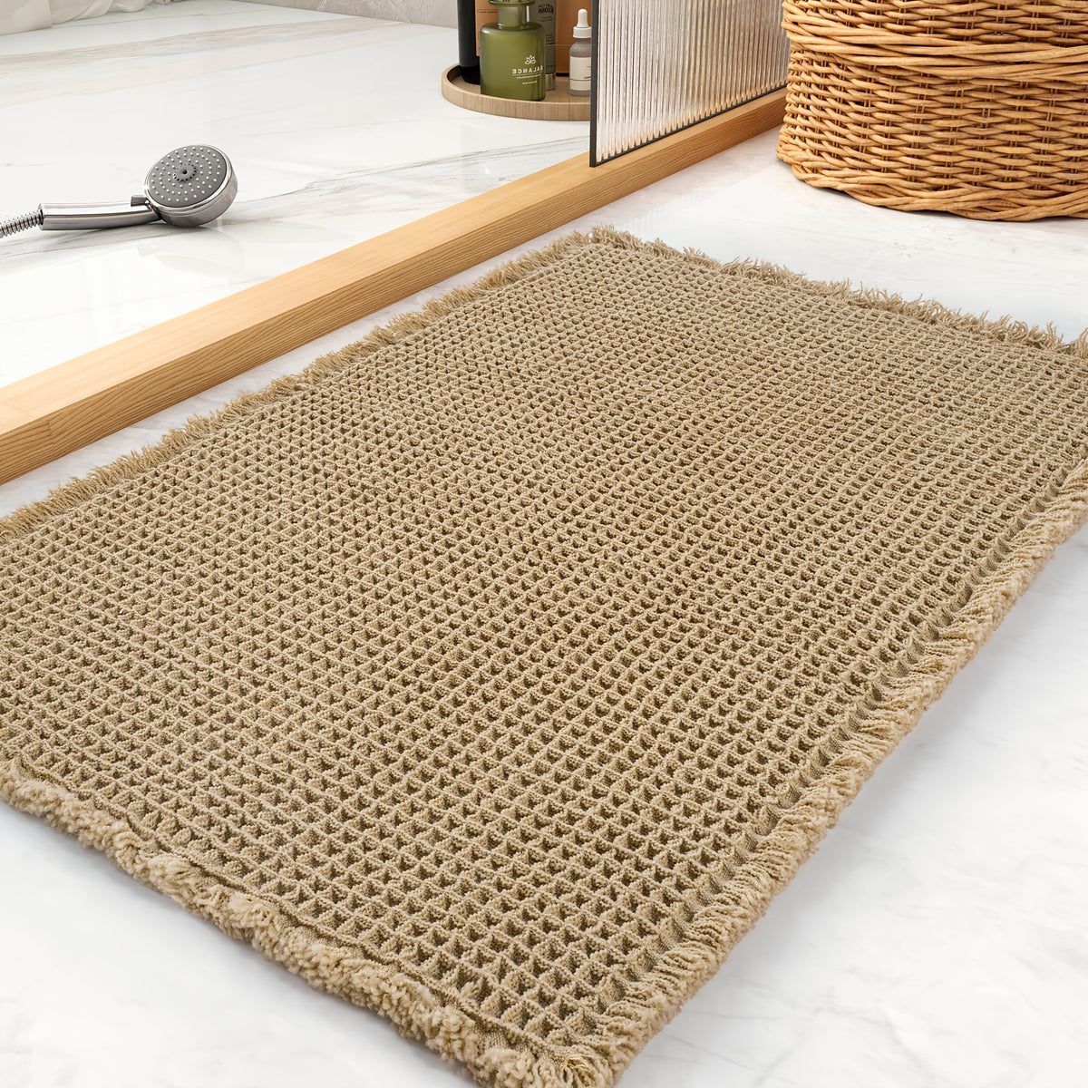 Waffle Bath Mat Rug 17"x24", Super Absorbent Non-Slip Bathroom Rug, Ultra-Soft Machine Washable Bathmat with Tassels for Bathroom Floor & Beside Tub — Light Brown & Yellow