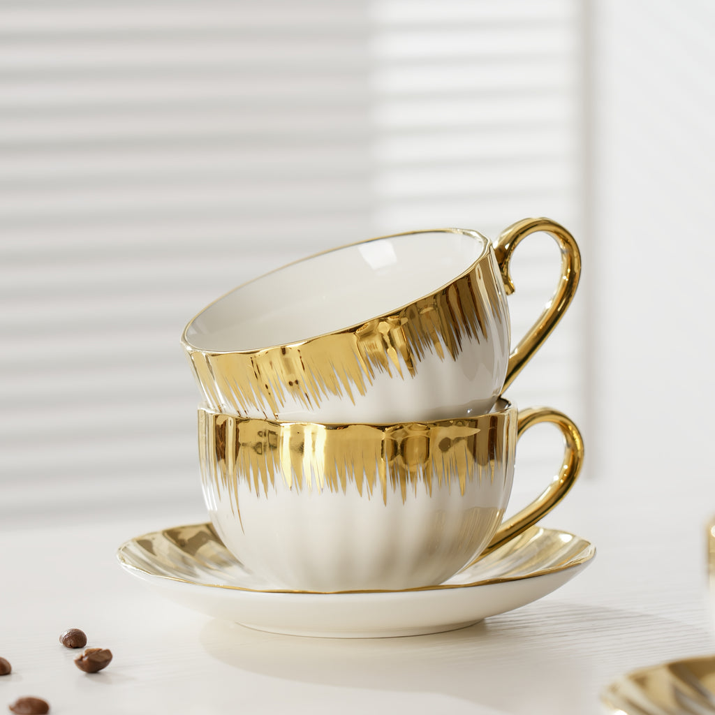 Ceramic Coffee Cup and Saucer Set of 6 – European Light Luxury 8.45oz Porcelain Tea Cups with Plates | Elegant Dinnerware for Home, Wedding & Holiday Gifting